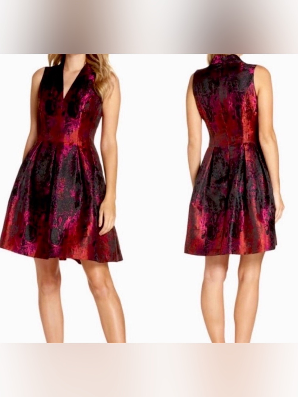 Vince Camuto Sleeveless V-Neck Fit & Flare Dress in Red and Black